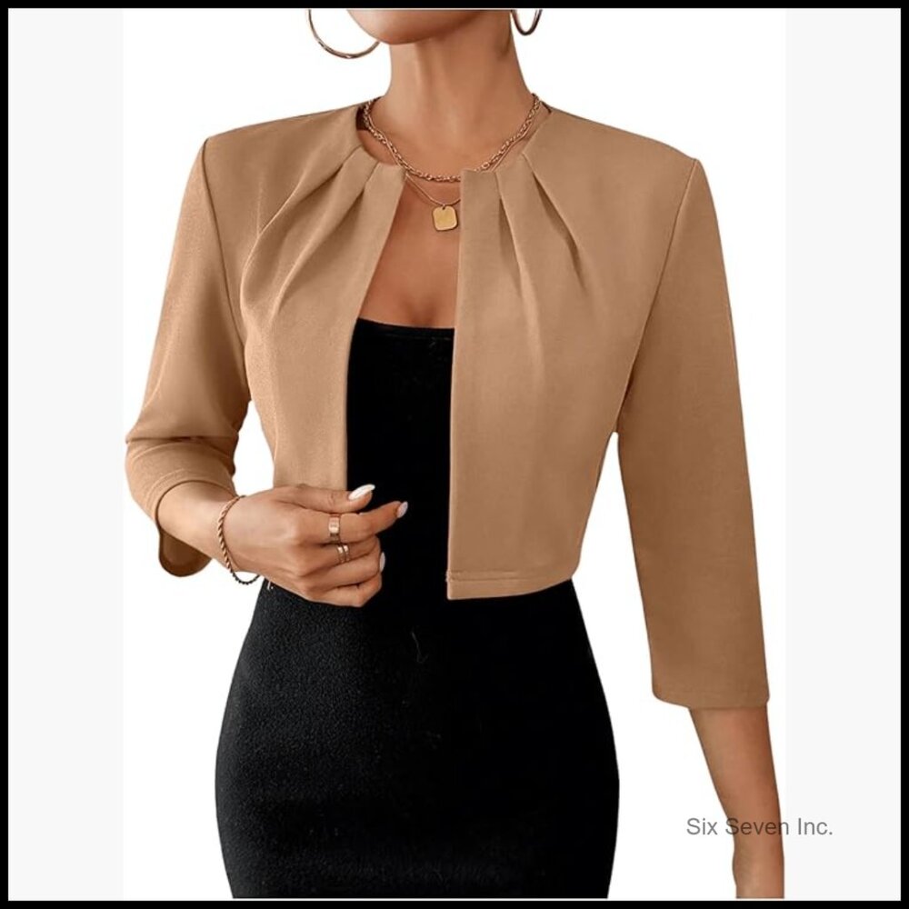 Polyester Blazer Jacket Open Front 3/4 Sleeve Ple… - image 1
